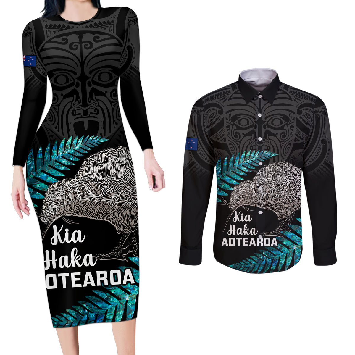 Custom New Zealand Silver Fern Rugby Couples Matching Long Sleeve Bodycon Dress and Long Sleeve Button Shirts Pacific 2023 Kia Haka Kiwis With Maori Ta Moko LT14 Black - Polynesian Pride