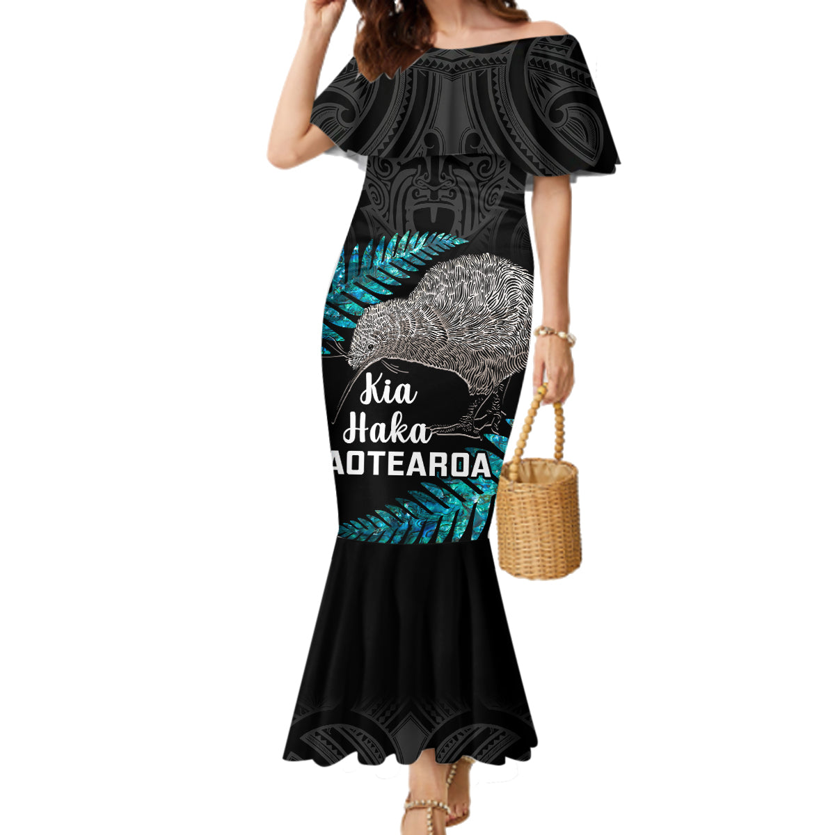 Custom New Zealand Silver Fern Rugby Family Matching Mermaid Dress and Hawaiian Shirt Pacific 2023 Kia Haka Kiwis With Maori Ta Moko LT14 Mom's Dress Black - Polynesian Pride