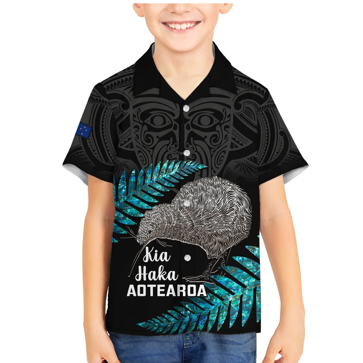 Custom New Zealand Silver Fern Rugby Family Matching Mermaid Dress and Hawaiian Shirt Pacific 2023 Kia Haka Kiwis With Maori Ta Moko LT14 Son's Shirt Black - Polynesian Pride