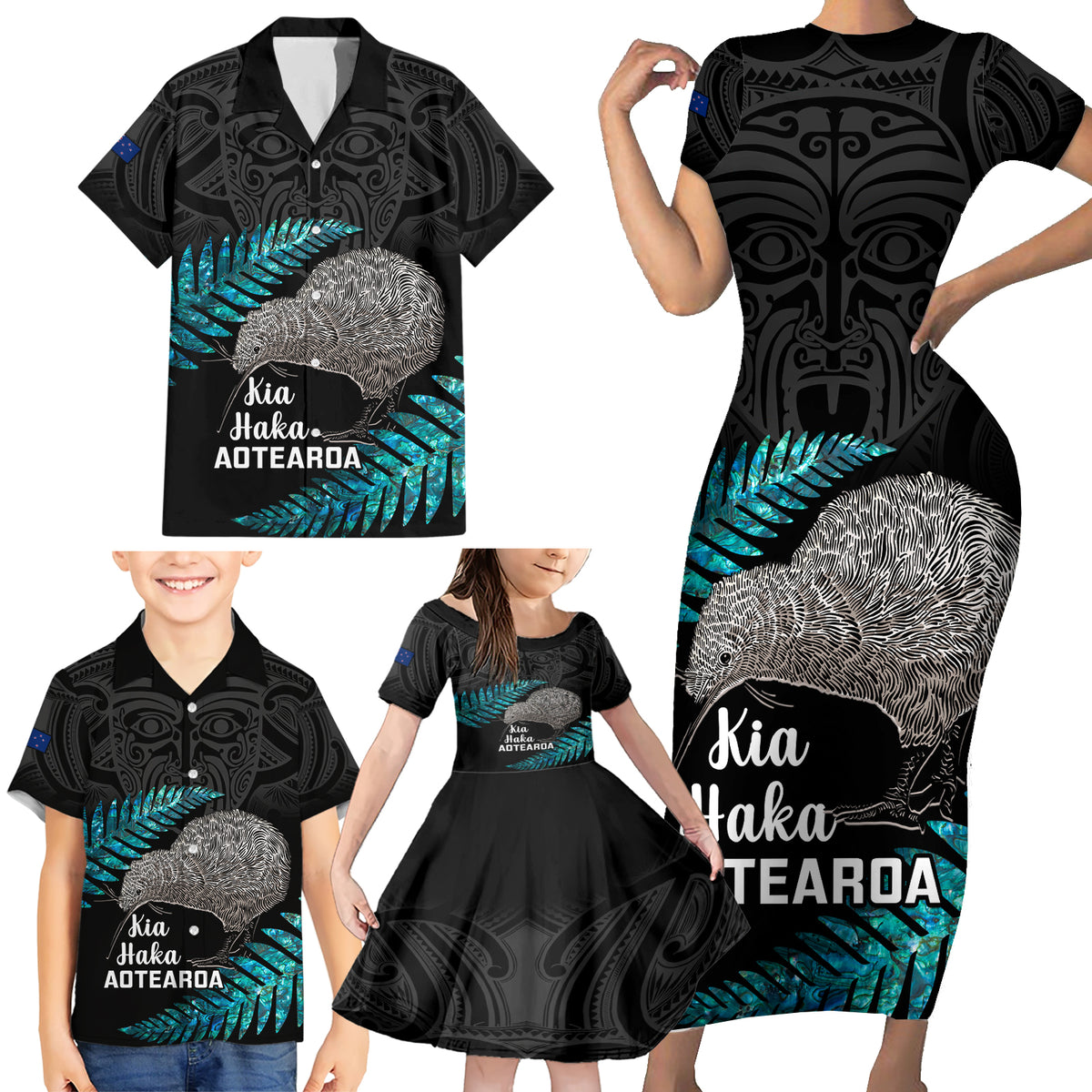 Custom New Zealand Silver Fern Rugby Family Matching Short Sleeve Bodycon Dress and Hawaiian Shirt Pacific 2023 Kia Haka Kiwis With Maori Ta Moko LT14 - Polynesian Pride