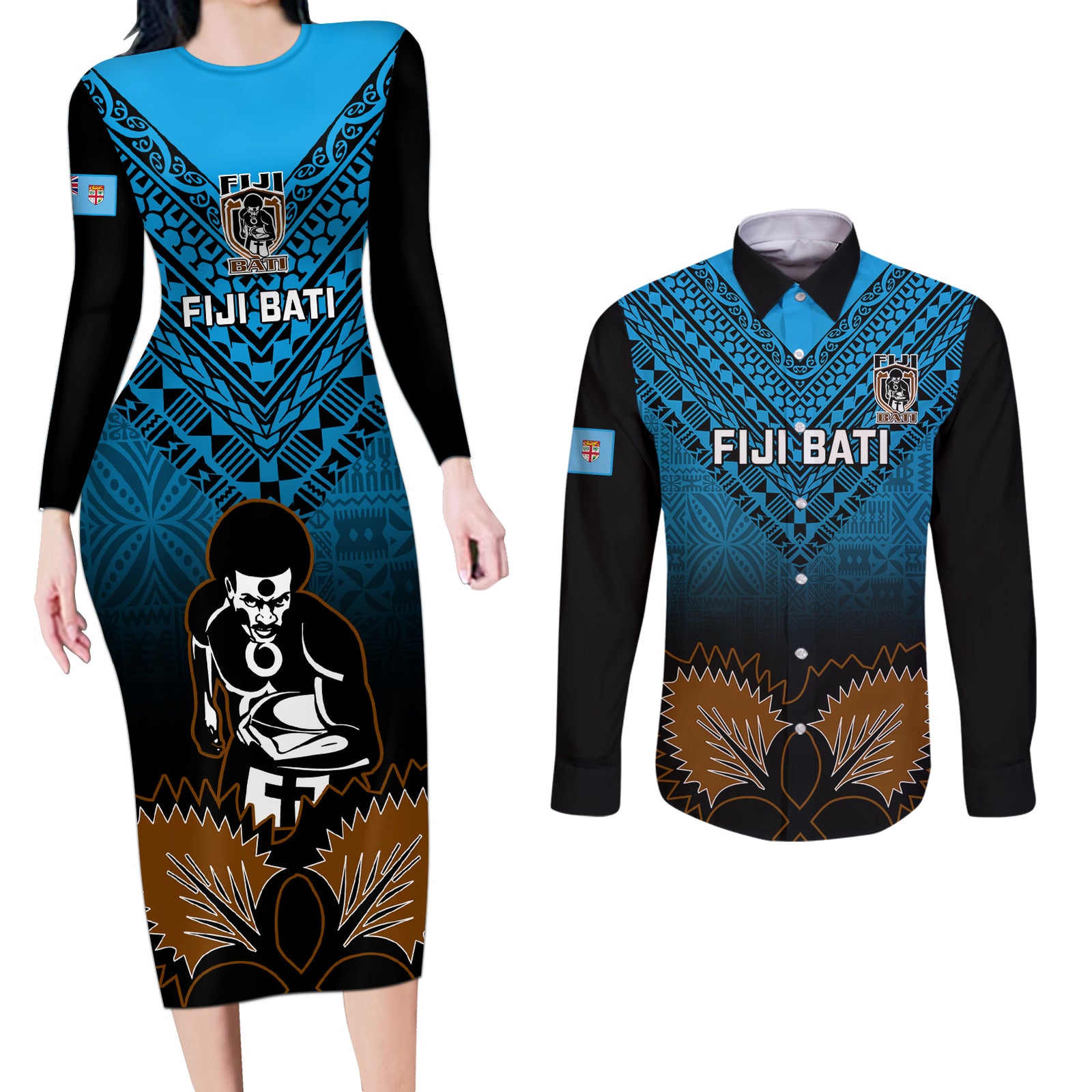 Custom Fiji Tapa Rugby Couples Matching Long Sleeve Bodycon Dress and Long Sleeve Button Shirts Pacific 2023 Go Fijian Bati LT14 Blue - Polynesian Pride