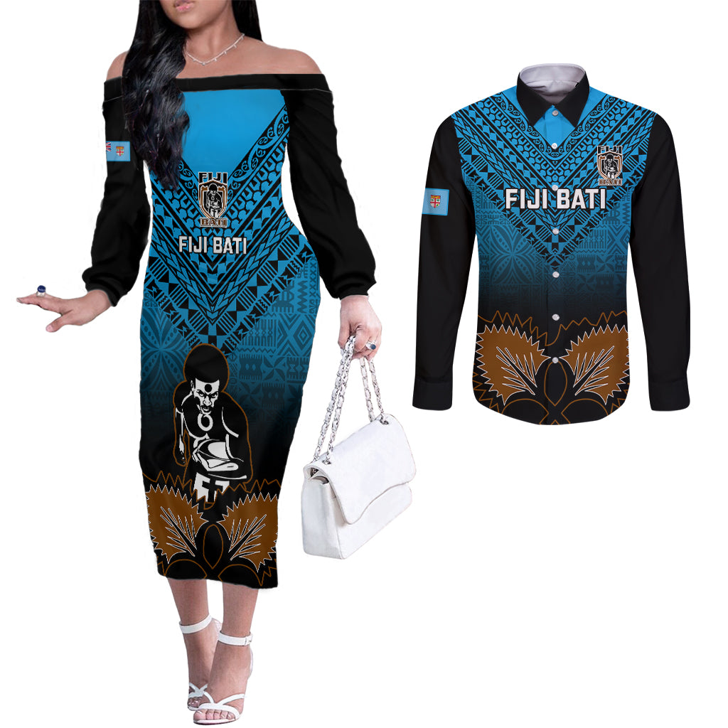 Custom Fiji Tapa Rugby Couples Matching Off The Shoulder Long Sleeve Dress and Long Sleeve Button Shirts Pacific 2023 Go Fijian Bati LT14 Blue - Polynesian Pride