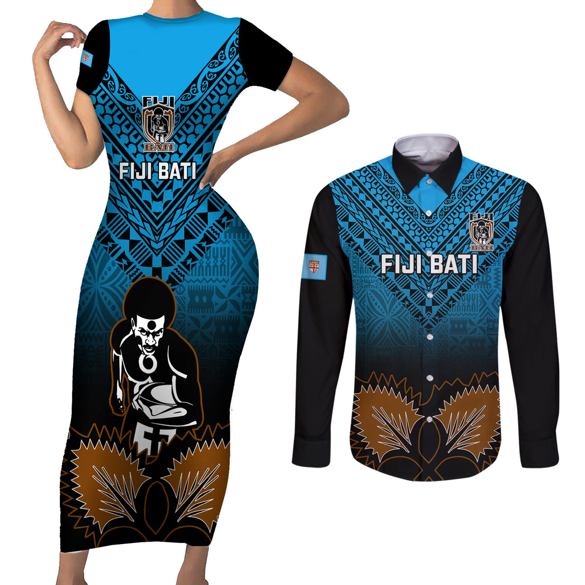 Custom Fiji Tapa Rugby Couples Matching Short Sleeve Bodycon Dress and Long Sleeve Button Shirts Pacific 2023 Go Fijian Bati LT14 Blue - Polynesian Pride