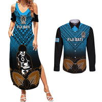 Custom Fiji Tapa Rugby Couples Matching Summer Maxi Dress and Long Sleeve Button Shirts Pacific 2023 Go Fijian Bati LT14 Blue - Polynesian Pride