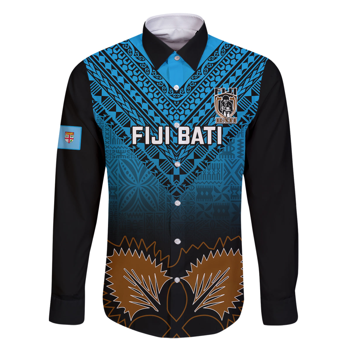 Custom Fiji Tapa Rugby Family Matching Off Shoulder Short Dress and Hawaiian Shirt Pacific 2023 Go Fijian Bati LT14 Dad's Shirt - Long Sleeve Blue - Polynesian Pride