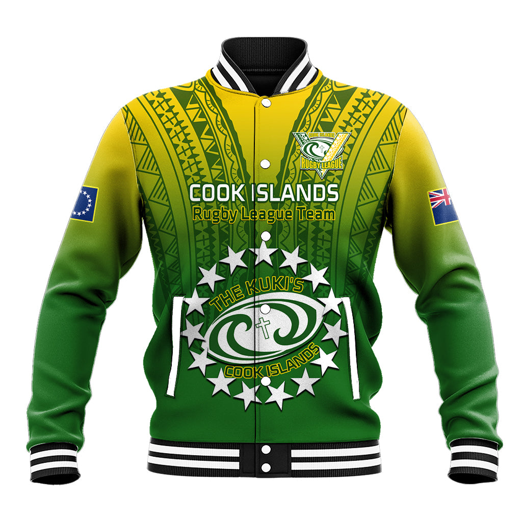 Custom Cook Islands Rugby Baseball Jacket Pacific 2023 Go The Kukis LT14 Unisex Green - Polynesian Pride