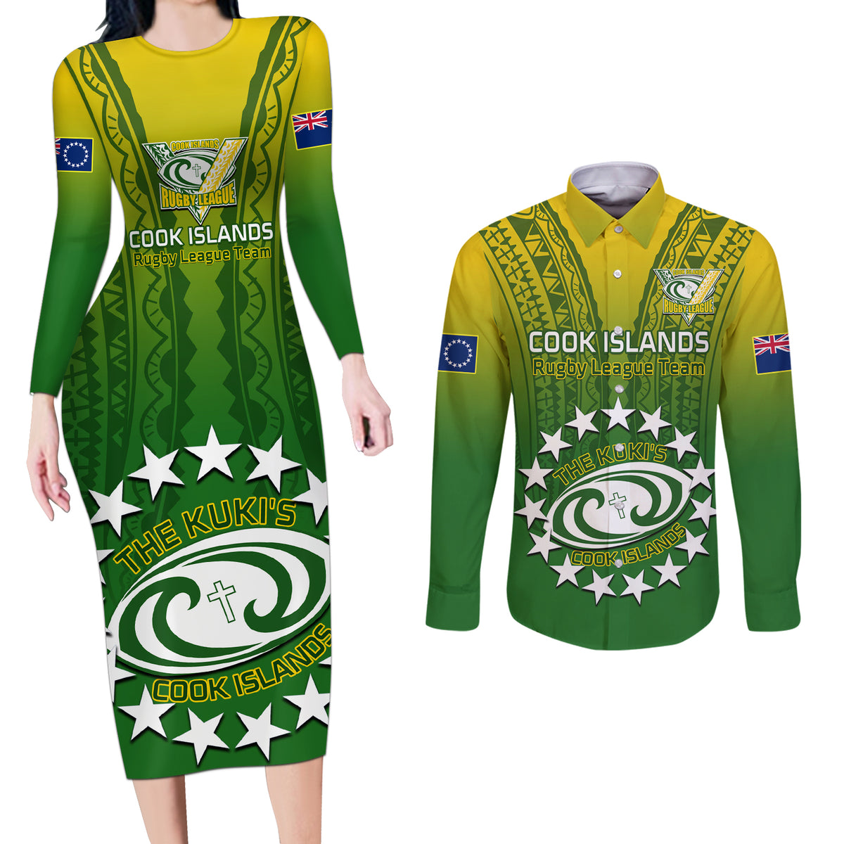 Custom Cook Islands Rugby Couples Matching Long Sleeve Bodycon Dress and Long Sleeve Button Shirts Pacific 2023 Go The Kukis LT14 Green - Polynesian Pride