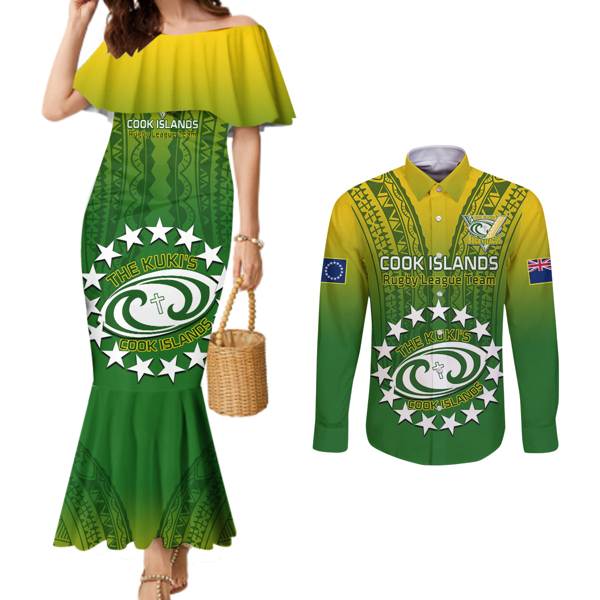 Custom Cook Islands Rugby Couples Matching Mermaid Dress and Long Sleeve Button Shirts Pacific 2023 Go The Kukis LT14 Green - Polynesian Pride