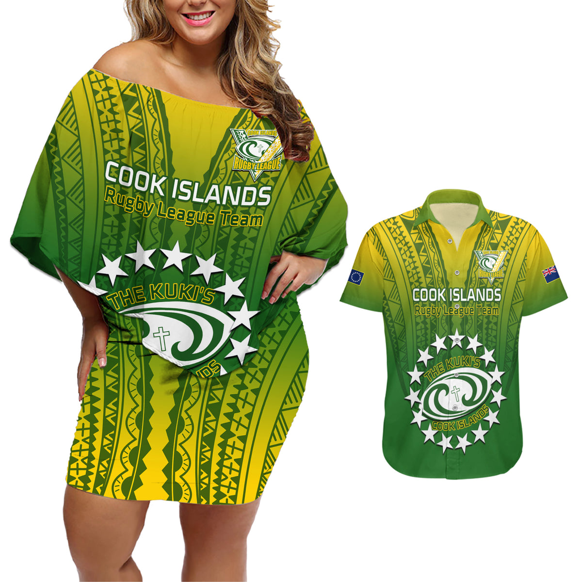 Custom Cook Islands Rugby Couples Matching Off Shoulder Short Dress and Hawaiian Shirt Pacific 2023 Go The Kukis LT14 Green - Polynesian Pride