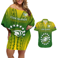 Custom Cook Islands Rugby Couples Matching Off Shoulder Short Dress and Hawaiian Shirt Pacific 2023 Go The Kukis LT14 Green - Polynesian Pride