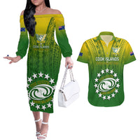 Custom Cook Islands Rugby Couples Matching Off The Shoulder Long Sleeve Dress and Hawaiian Shirt Pacific 2023 Go The Kukis LT14 Green - Polynesian Pride