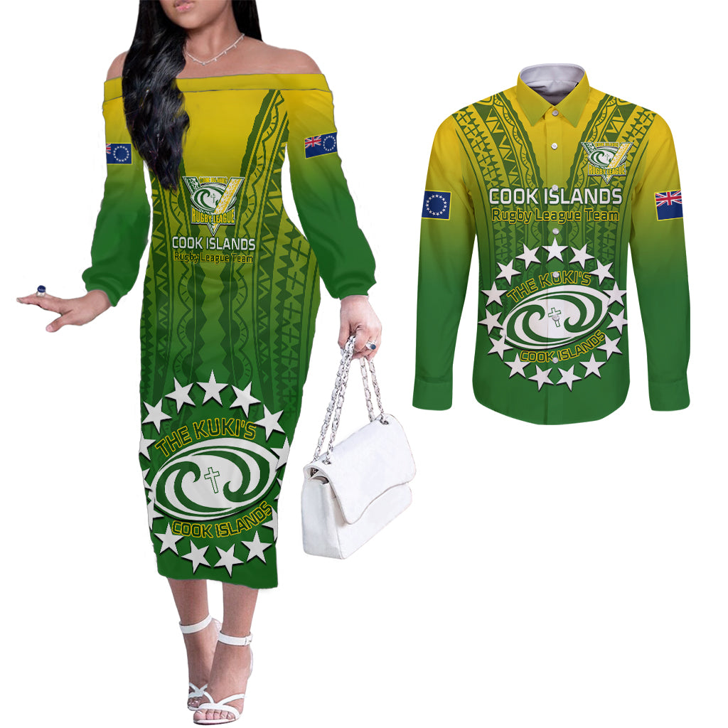 Custom Cook Islands Rugby Couples Matching Off The Shoulder Long Sleeve Dress and Long Sleeve Button Shirts Pacific 2023 Go The Kukis LT14 Green - Polynesian Pride