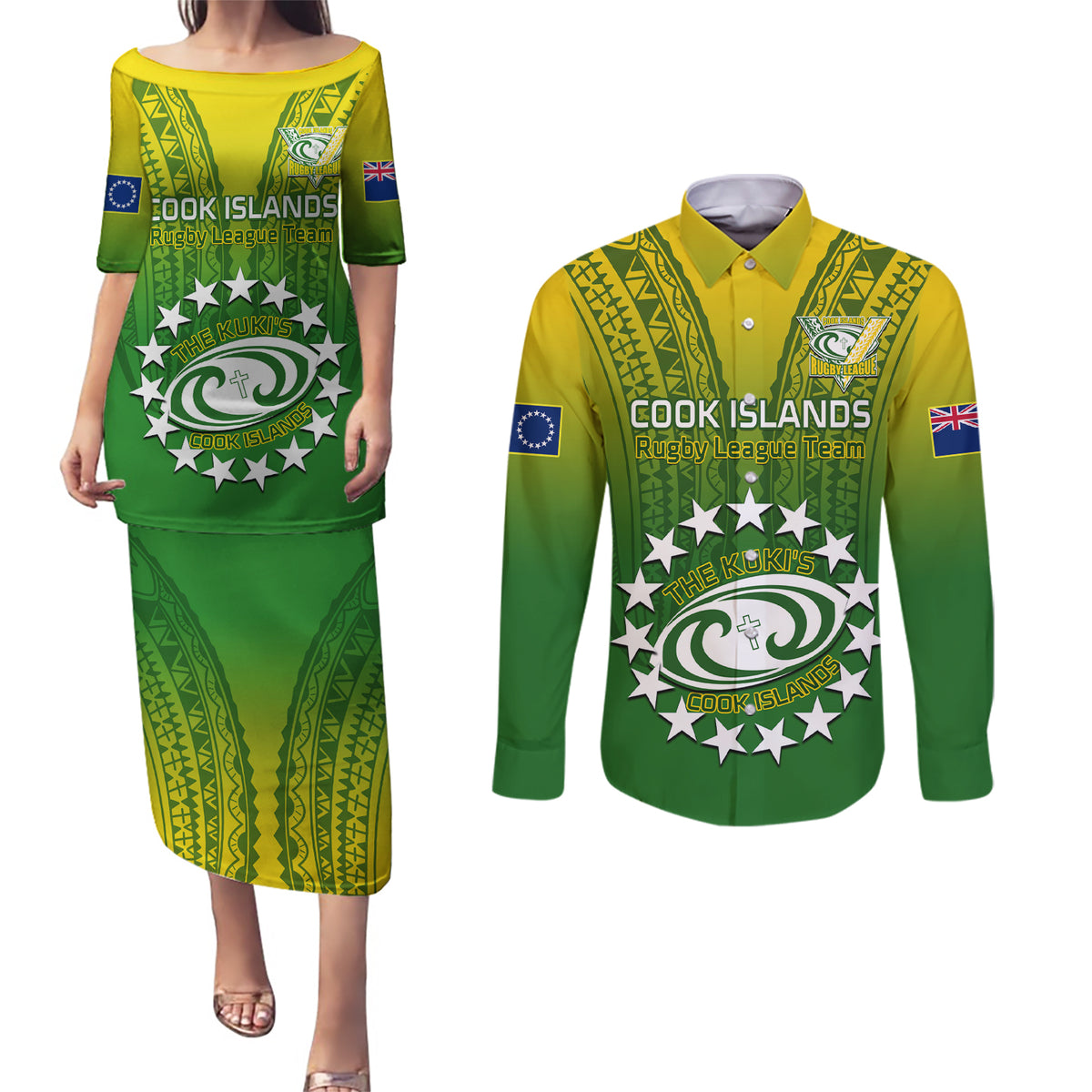 Custom Cook Islands Rugby Couples Matching Puletasi Dress and Long Sleeve Button Shirts Pacific 2023 Go The Kukis LT14 Green - Polynesian Pride