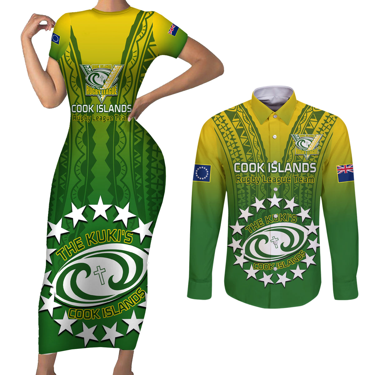Custom Cook Islands Rugby Couples Matching Short Sleeve Bodycon Dress and Long Sleeve Button Shirts Pacific 2023 Go The Kukis LT14 Green - Polynesian Pride
