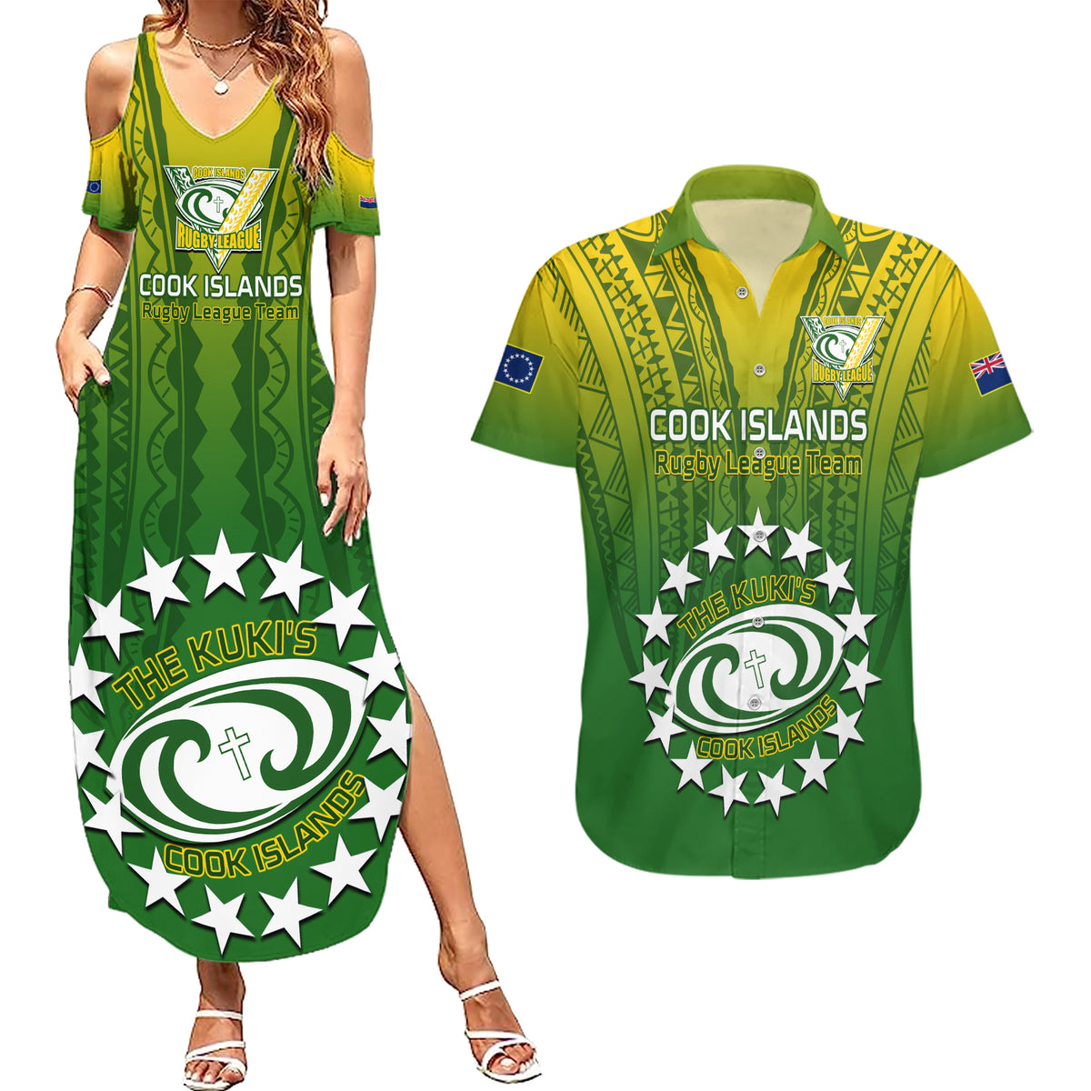 Custom Cook Islands Rugby Couples Matching Summer Maxi Dress and Hawaiian Shirt Pacific 2023 Go The Kukis LT14 Green - Polynesian Pride