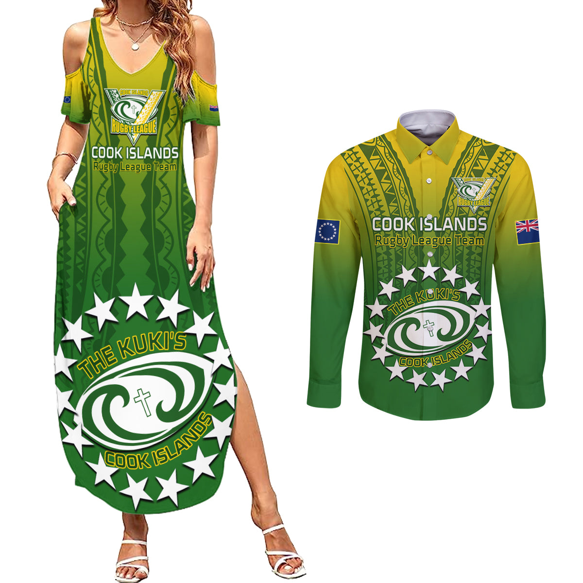 Custom Cook Islands Rugby Couples Matching Summer Maxi Dress and Long Sleeve Button Shirts Pacific 2023 Go The Kukis LT14 Green - Polynesian Pride