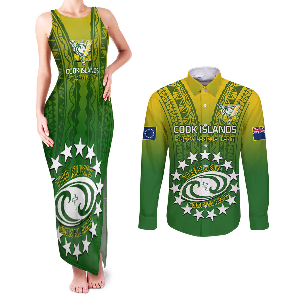 Custom Cook Islands Rugby Couples Matching Tank Maxi Dress and Long Sleeve Button Shirts Pacific 2023 Go The Kukis LT14 Green - Polynesian Pride