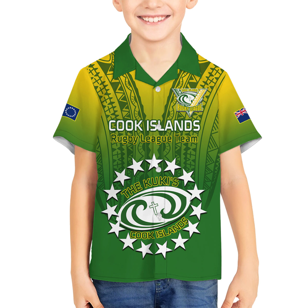 Custom Cook Islands Rugby Family Matching Long Sleeve Bodycon Dress and Hawaiian Shirt Pacific 2023 Go The Kukis LT14 Son's Shirt Green - Polynesian Pride