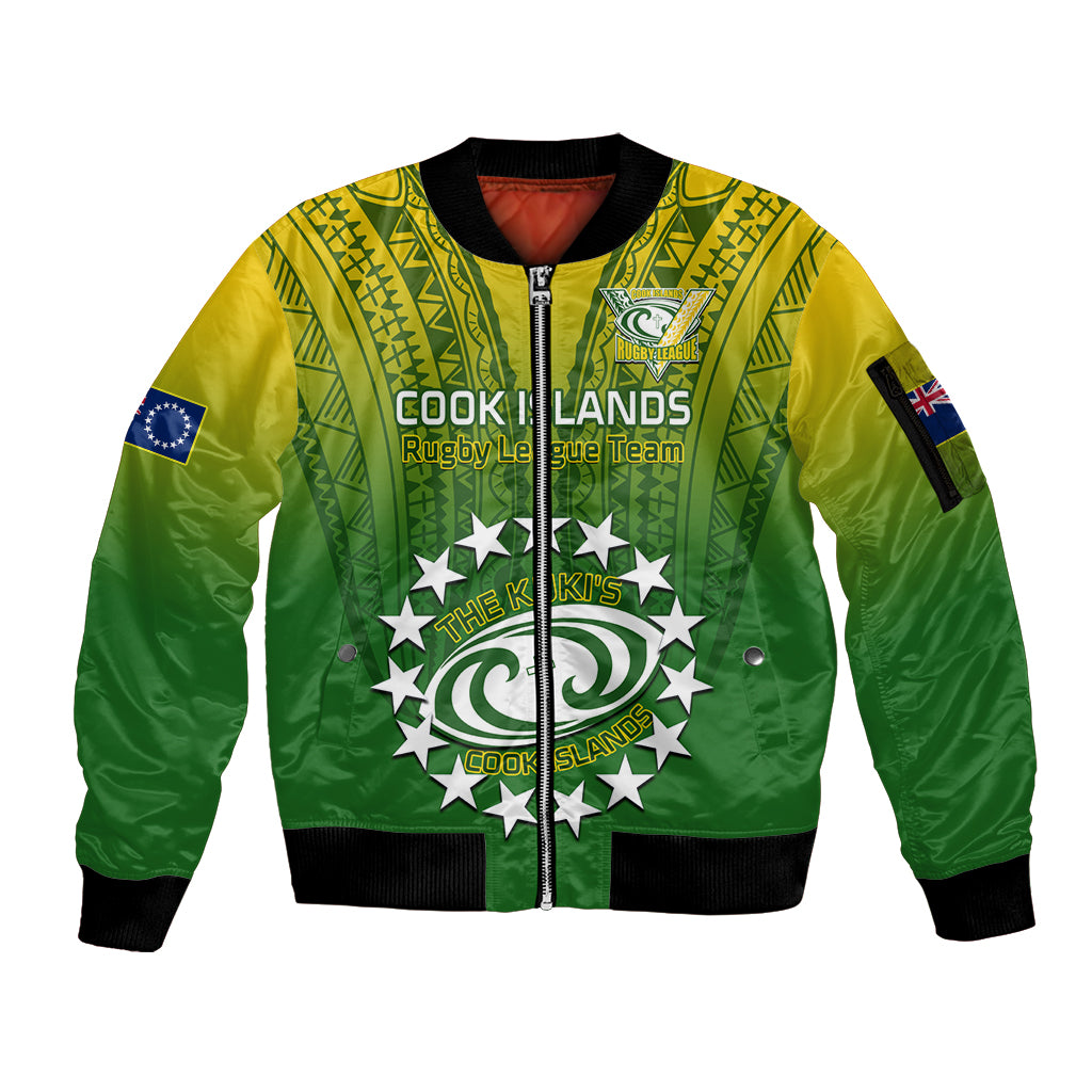 Custom Cook Islands Rugby Sleeve Zip Bomber Jacket Pacific 2023 Go The Kukis LT14 Unisex Green - Polynesian Pride