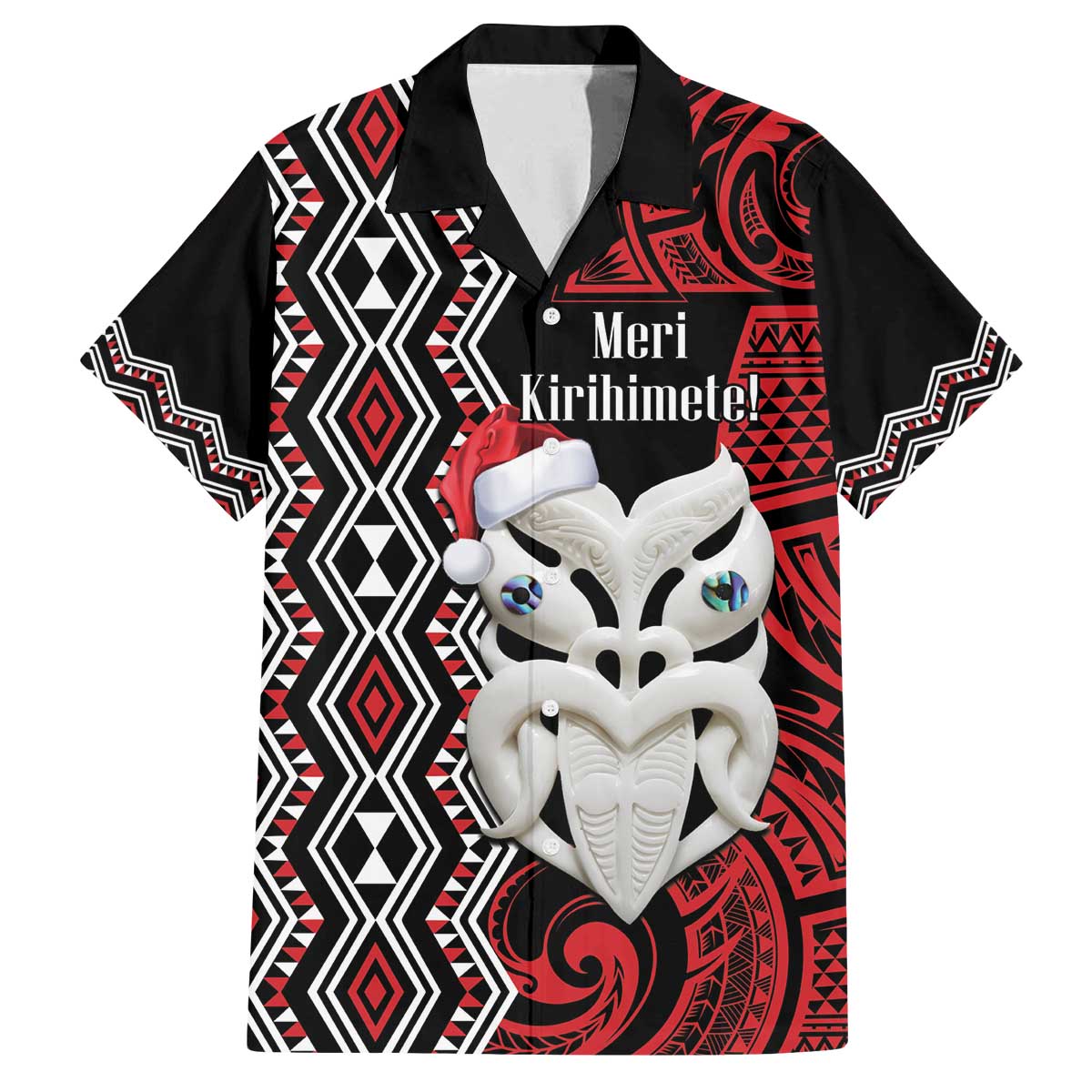 Personalised New Zealand Christmas Family Matching Off The Shoulder Long Sleeve Dress and Hawaiian Shirt Meri Kirihimete Maori Wheku - Taniko Art LT14 Dad's Shirt - Short Sleeve Black - Polynesian Pride
