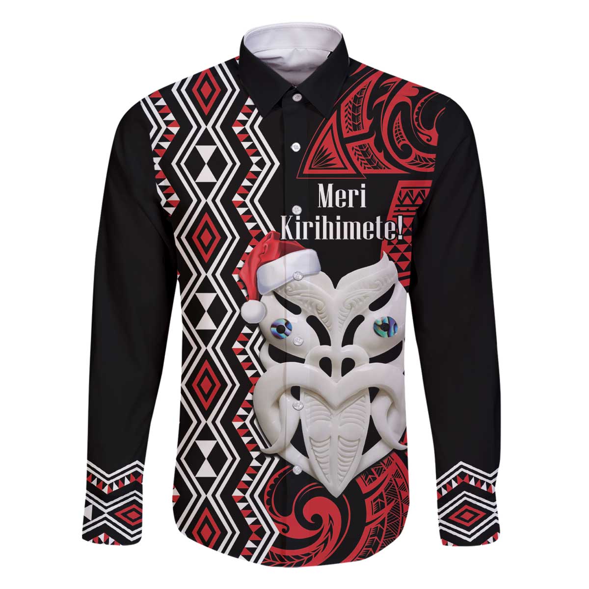 Personalised New Zealand Christmas Family Matching Off The Shoulder Long Sleeve Dress and Hawaiian Shirt Meri Kirihimete Maori Wheku - Taniko Art LT14 Dad's Shirt - Long Sleeve Black - Polynesian Pride