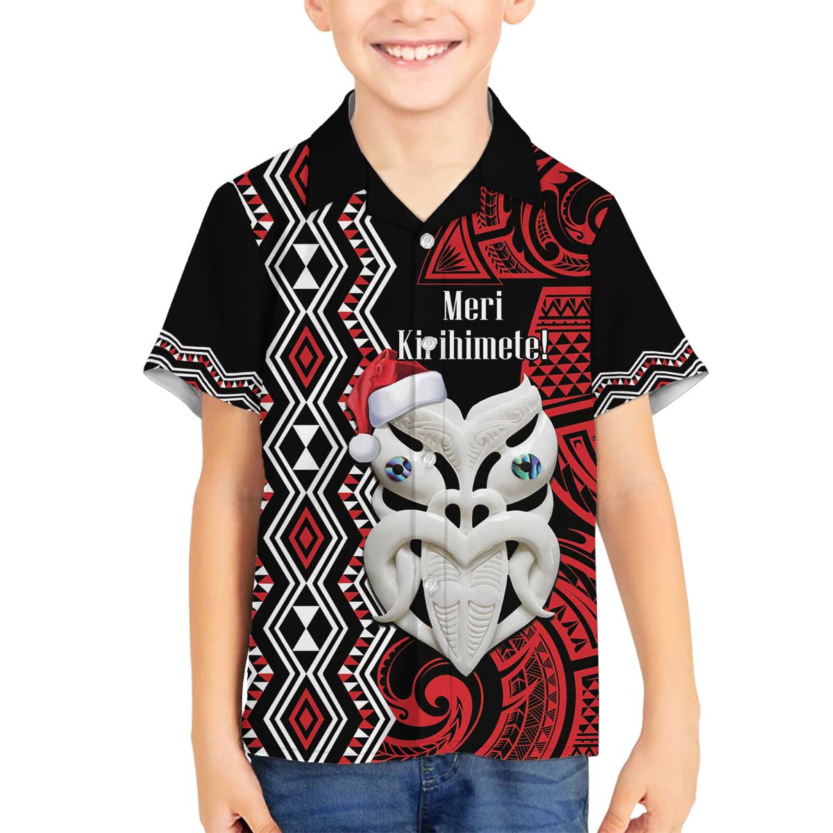 Personalised New Zealand Christmas Family Matching Off The Shoulder Long Sleeve Dress and Hawaiian Shirt Meri Kirihimete Maori Wheku - Taniko Art LT14 Son's Shirt Black - Polynesian Pride