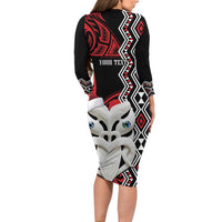 Personalised New Zealand Christmas Long Sleeve Bodycon Dress Meri Kirihimete Maori Wheku - Taniko Art