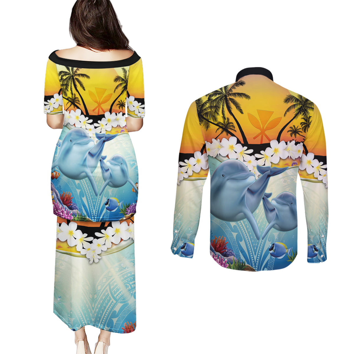 Aloha Hawaii Dolphins Couples Matching Puletasi and Long Sleeve Button Shirt Heart Of The Ocean Tropical Summer Vibes LT14 - Polynesian Pride