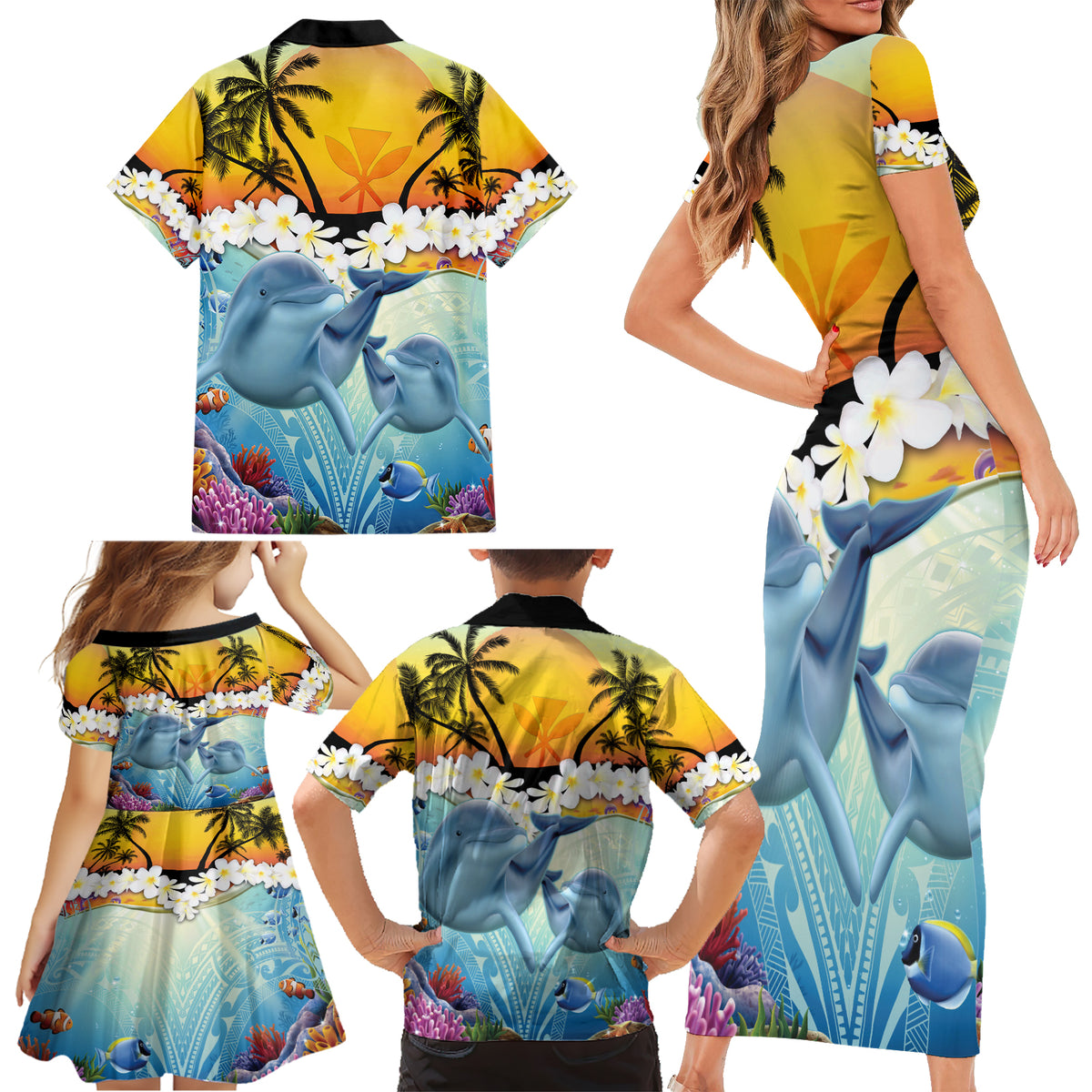 Aloha Hawaii Dolphins Family Matching Short Sleeve Bodycon Dress and Hawaiian Shirt Heart Of The Ocean Tropical Summer Vibes LT14 - Polynesian Pride