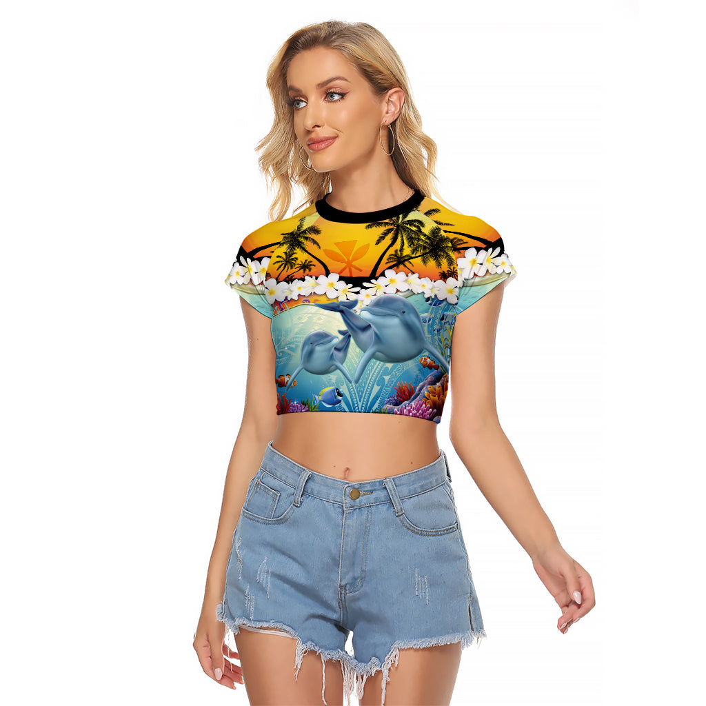 Aloha Hawaii Dolphins Raglan Cropped T Shirt Heart Of The Ocean Tropical Summer Vibes LT14 Female Blue - Polynesian Pride