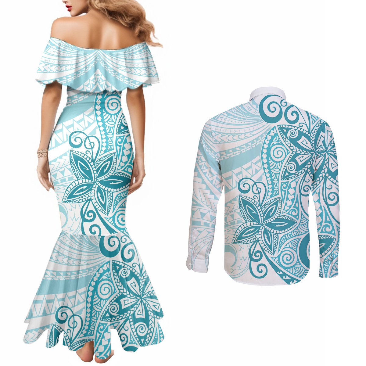 Polynesia Dolphins Couples Matching Mermaid Dress and Long Sleeve Button Shirt Valentine Day Floral Polynesian - Vintage Dark Cyan LT14 - Polynesian Pride