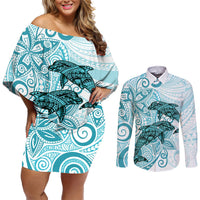 Polynesia Dolphins Couples Matching Off Shoulder Short Dress and Long Sleeve Button Shirt Valentine Day Floral Polynesian - Vintage Dark Cyan LT14 Dark Cyan - Polynesian Pride