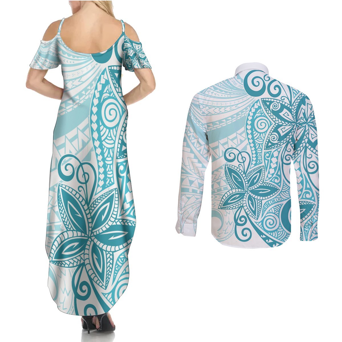 Polynesia Dolphins Couples Matching Summer Maxi Dress and Long Sleeve Button Shirt Valentine Day Floral Polynesian - Vintage Dark Cyan LT14 - Polynesian Pride