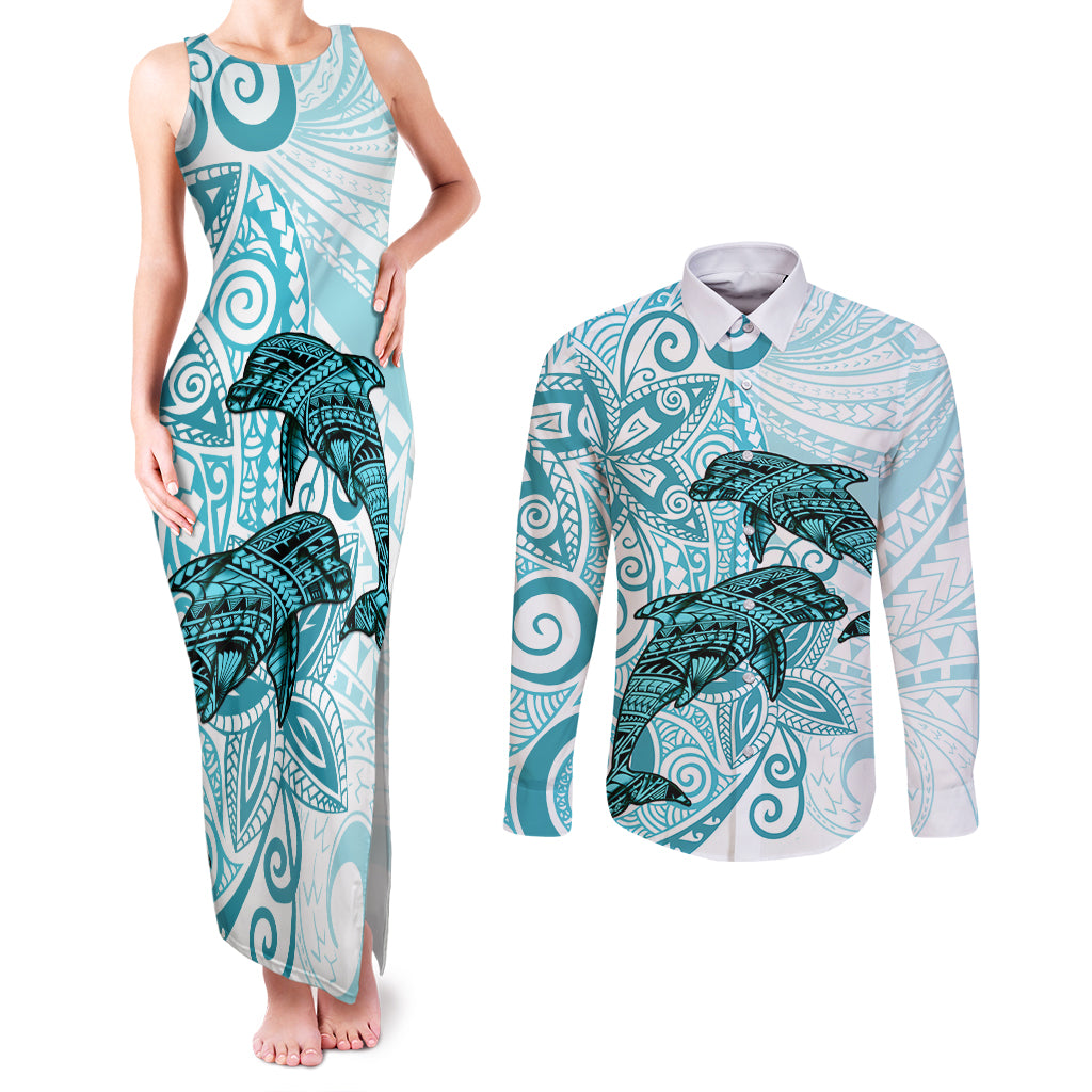 Polynesia Dolphins Couples Matching Tank Maxi Dress and Long Sleeve Button Shirt Valentine Day Floral Polynesian - Vintage Dark Cyan LT14 Dark Cyan - Polynesian Pride