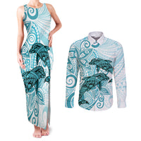 Polynesia Dolphins Couples Matching Tank Maxi Dress and Long Sleeve Button Shirt Valentine Day Floral Polynesian - Vintage Dark Cyan LT14 Dark Cyan - Polynesian Pride