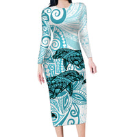 Polynesia Dolphins Family Matching Long Sleeve Bodycon Dress and Hawaiian Shirt Valentine Day Floral Polynesian - Vintage Dark Cyan LT14 Mom's Dress Dark Cyan - Polynesian Pride