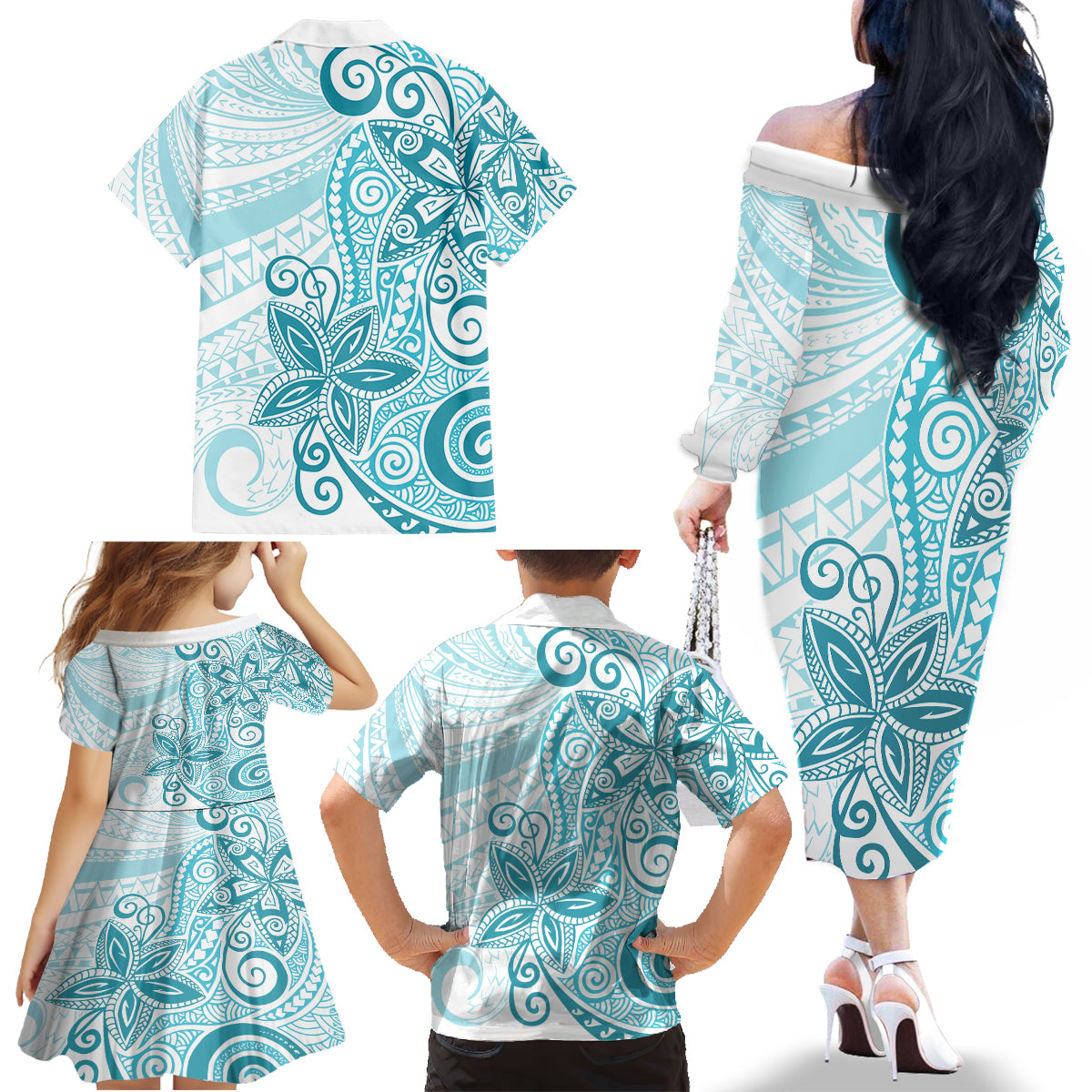 Polynesia Dolphins Family Matching Off Shoulder Long Sleeve Dress and Hawaiian Shirt Valentine Day Floral Polynesian - Vintage Dark Cyan LT14 - Polynesian Pride