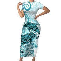 Polynesia Dolphins Family Matching Short Sleeve Bodycon Dress and Hawaiian Shirt Valentine Day Floral Polynesian - Vintage Dark Cyan LT14 Mom's Dress Dark Cyan - Polynesian Pride