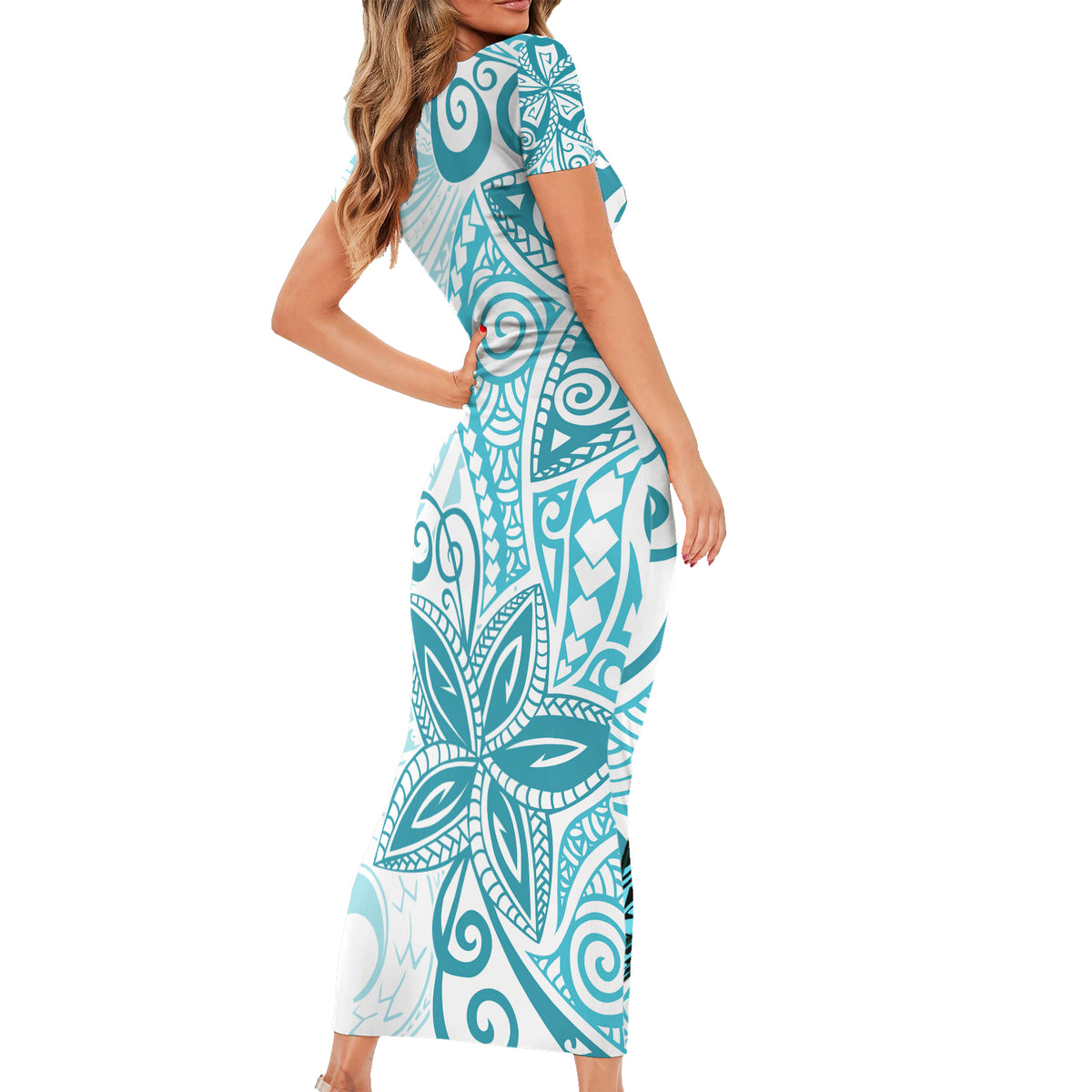 Polynesia Dolphins Family Matching Short Sleeve Bodycon Dress and Hawaiian Shirt Valentine Day Floral Polynesian - Vintage Dark Cyan LT14 - Polynesian Pride