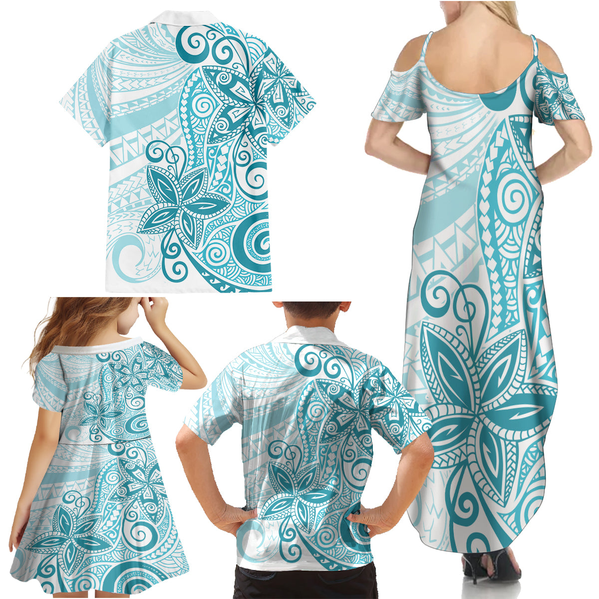 Polynesia Dolphins Family Matching Summer Maxi Dress and Hawaiian Shirt Valentine Day Floral Polynesian - Vintage Dark Cyan LT14 - Polynesian Pride