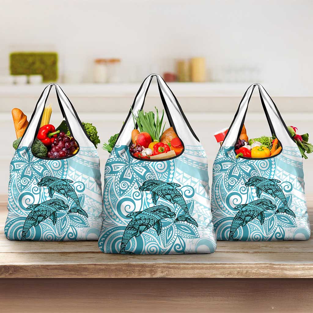 Polynesia Dolphins Grocery Bag Valentine Day Floral Polynesian - Vintage Dark Cyan