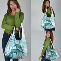 Polynesia Dolphins Grocery Bag Valentine Day Floral Polynesian - Vintage Dark Cyan