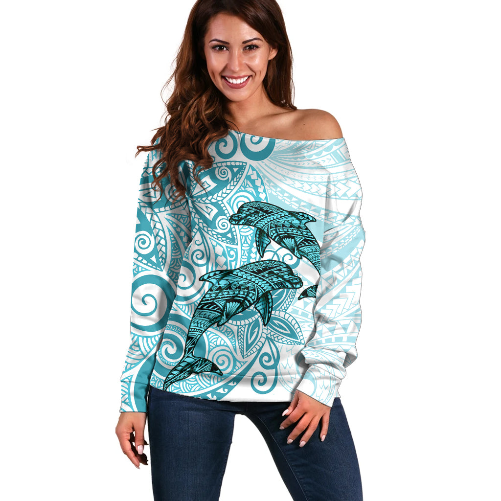 Polynesia Dolphins Off Shoulder Sweater Valentine Day Floral Polynesian - Vintage Dark Cyan LT14 Women Dark Cyan - Polynesian Pride