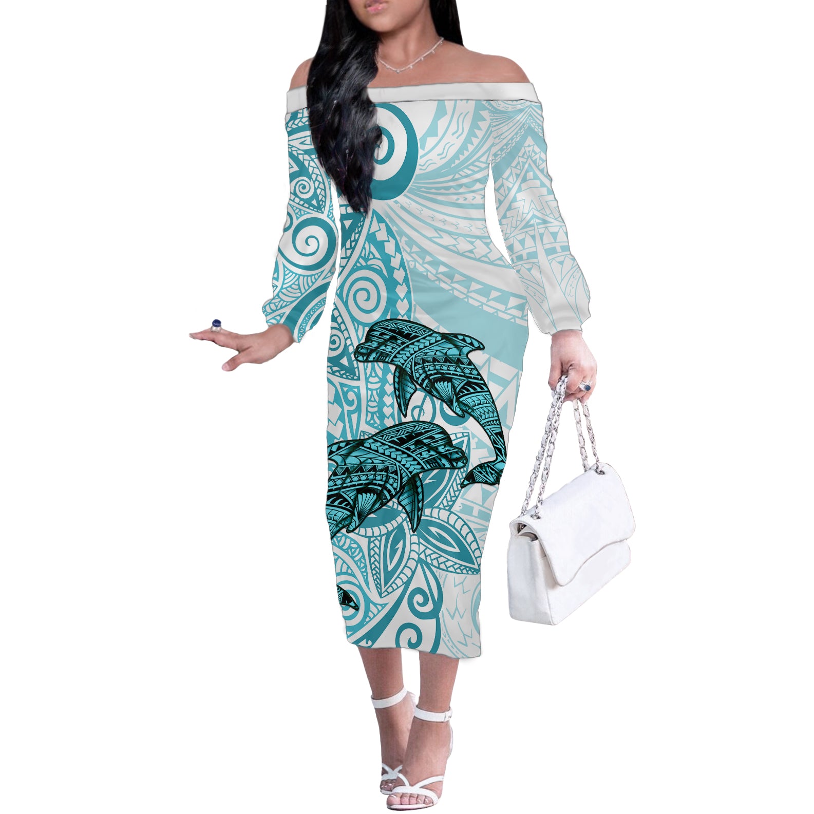 Polynesia Dolphins Off The Shoulder Long Sleeve Dress Valentine Day Floral Polynesian - Vintage Dark Cyan LT14 Women Dark Cyan - Polynesian Pride