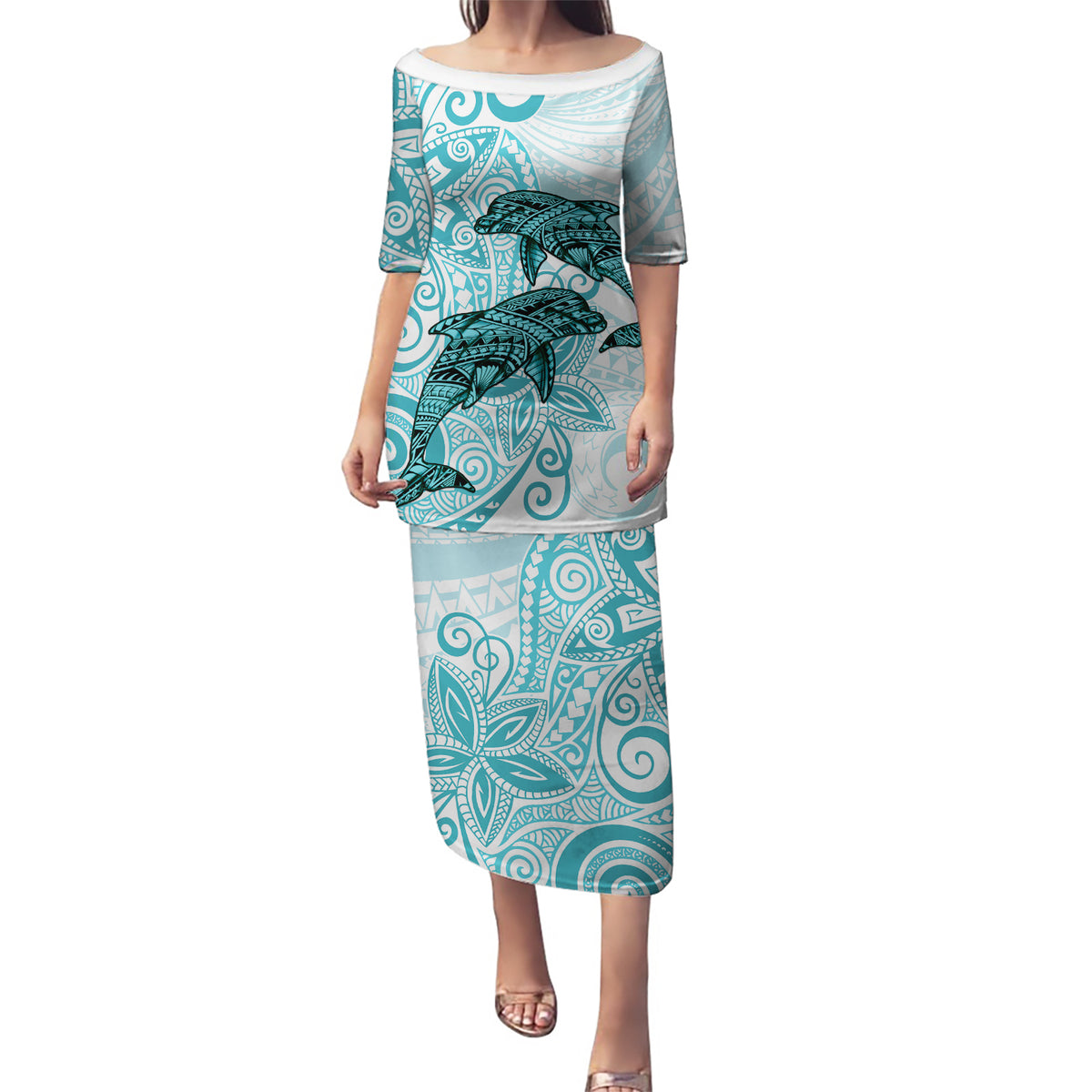 Polynesia Dolphins Puletasi Valentine Day Floral Polynesian - Vintage Dark Cyan LT14 Long Dress Dark Cyan - Polynesian Pride