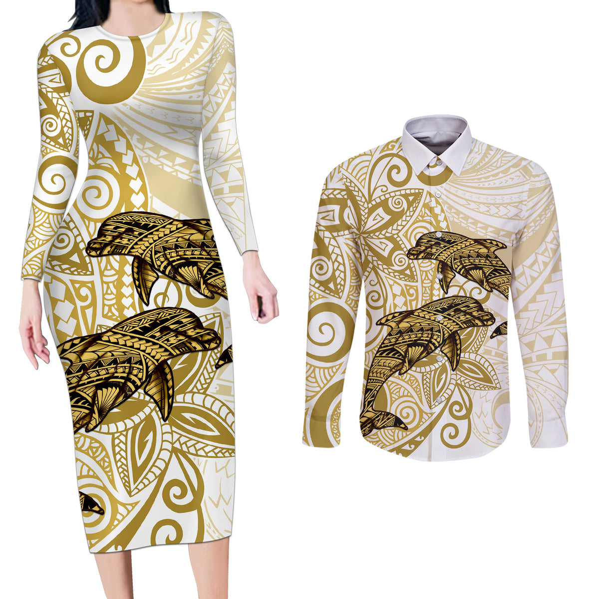 Polynesia Dolphins Couples Matching Long Sleeve Bodycon Dress and Long Sleeve Button Shirt Valentine Day Floral Polynesian - Vintage Brown LT14 Brown - Polynesian Pride