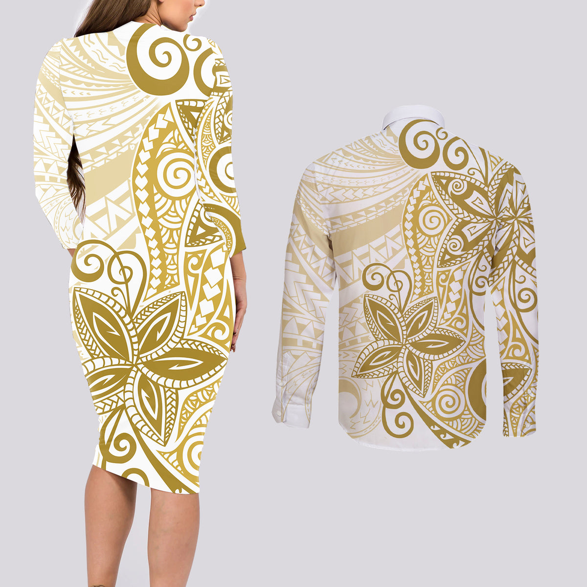Polynesia Dolphins Couples Matching Long Sleeve Bodycon Dress and Long Sleeve Button Shirt Valentine Day Floral Polynesian - Vintage Brown LT14 - Polynesian Pride