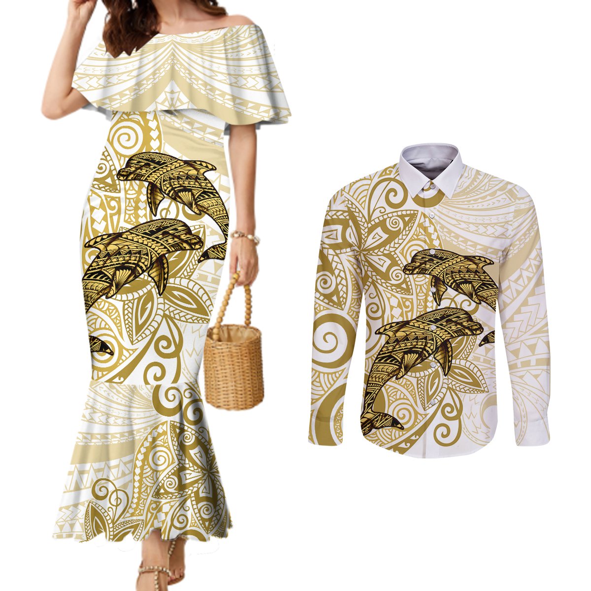 Polynesia Dolphins Couples Matching Mermaid Dress and Long Sleeve Button Shirt Valentine Day Floral Polynesian - Vintage Brown LT14 Brown - Polynesian Pride