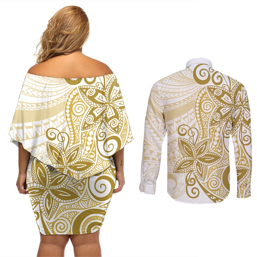 Polynesia Dolphins Couples Matching Off Shoulder Short Dress and Long Sleeve Button Shirt Valentine Day Floral Polynesian - Vintage Brown LT14 - Polynesian Pride