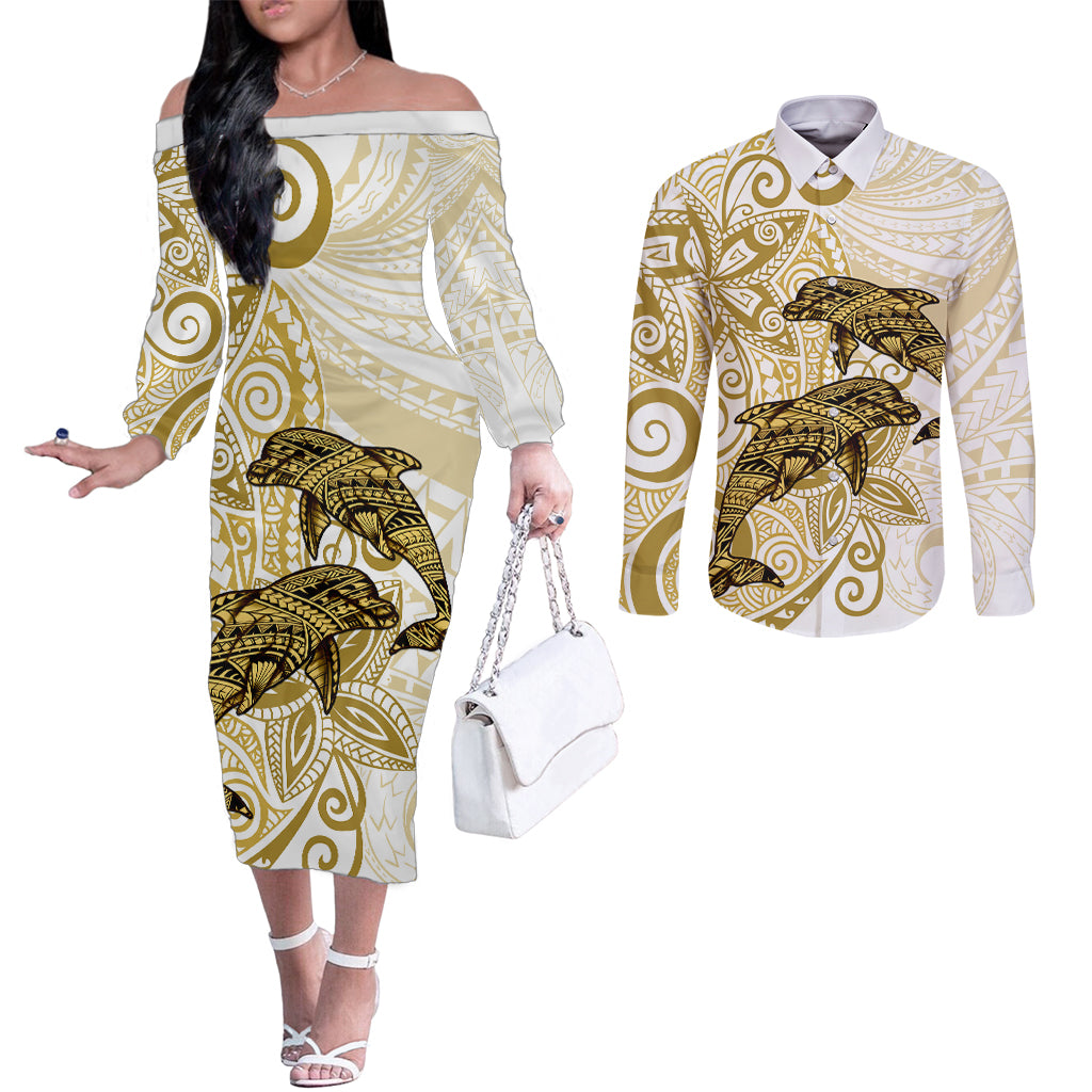 Polynesia Dolphins Couples Matching Off The Shoulder Long Sleeve Dress and Long Sleeve Button Shirt Valentine Day Floral Polynesian - Vintage Brown LT14 Brown - Polynesian Pride